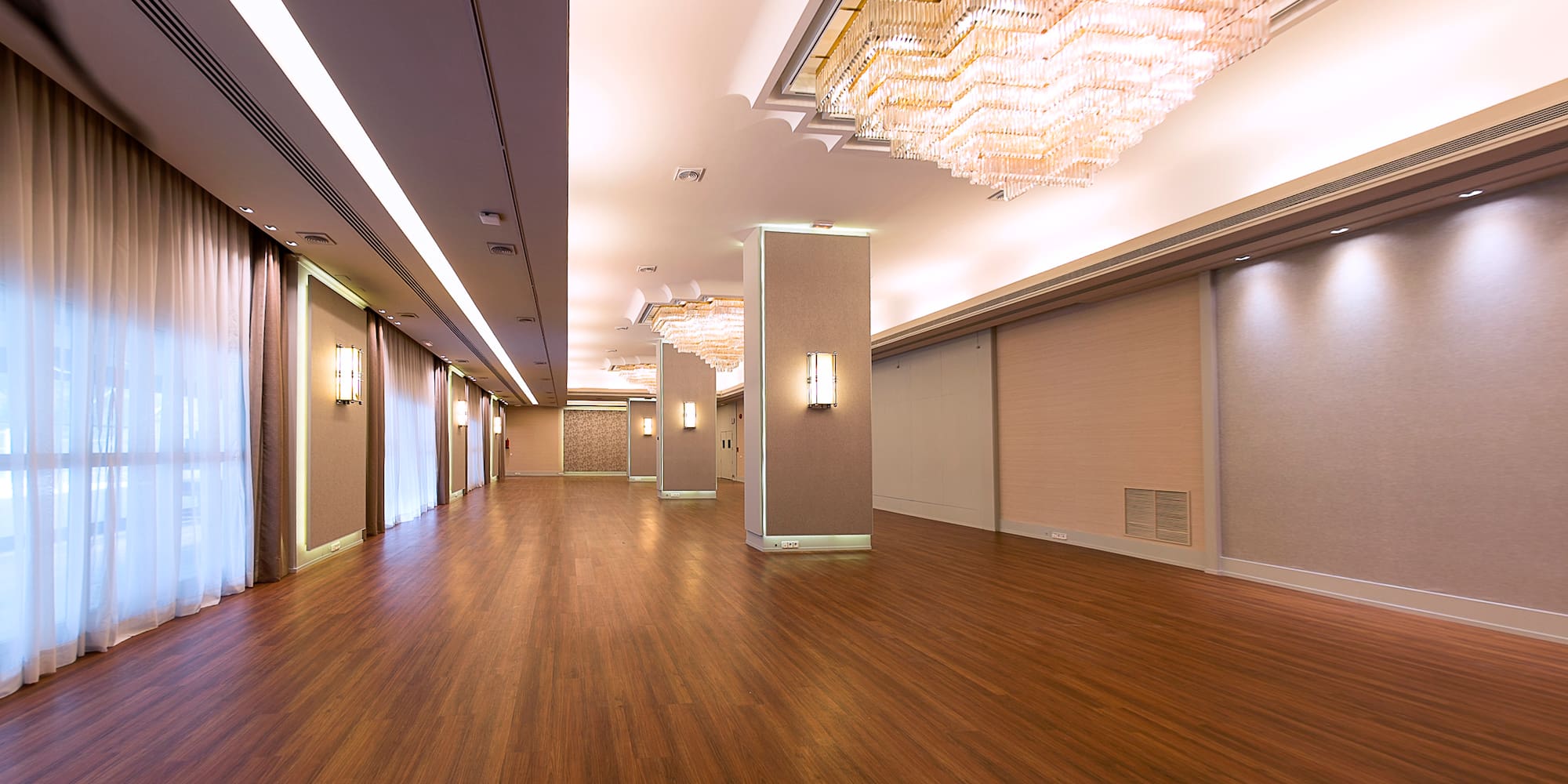 a large room with a chandelier