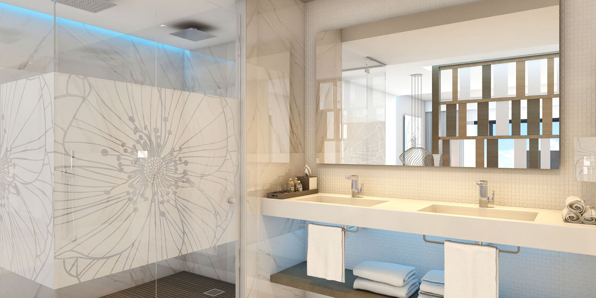 a bathroom with a shower and sink