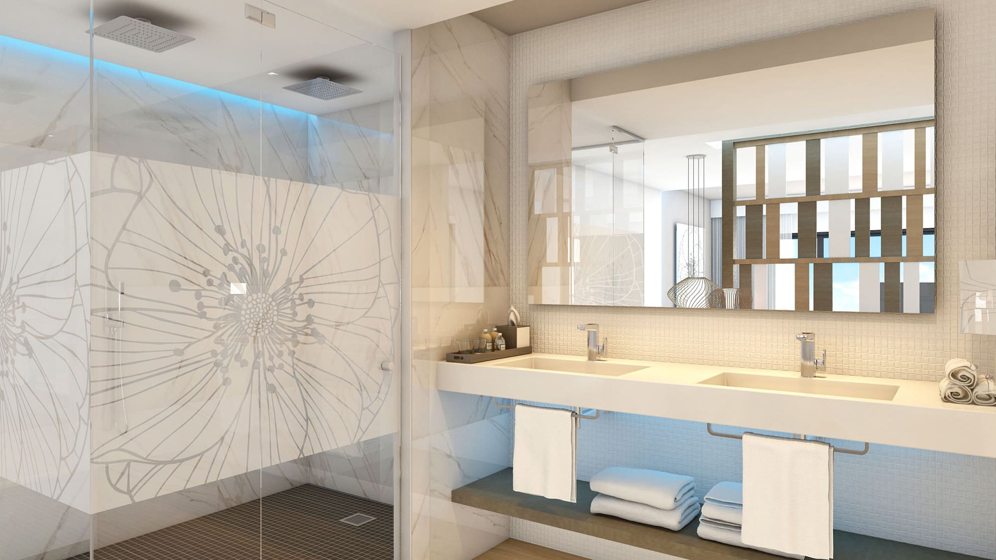 a bathroom with a shower and sink