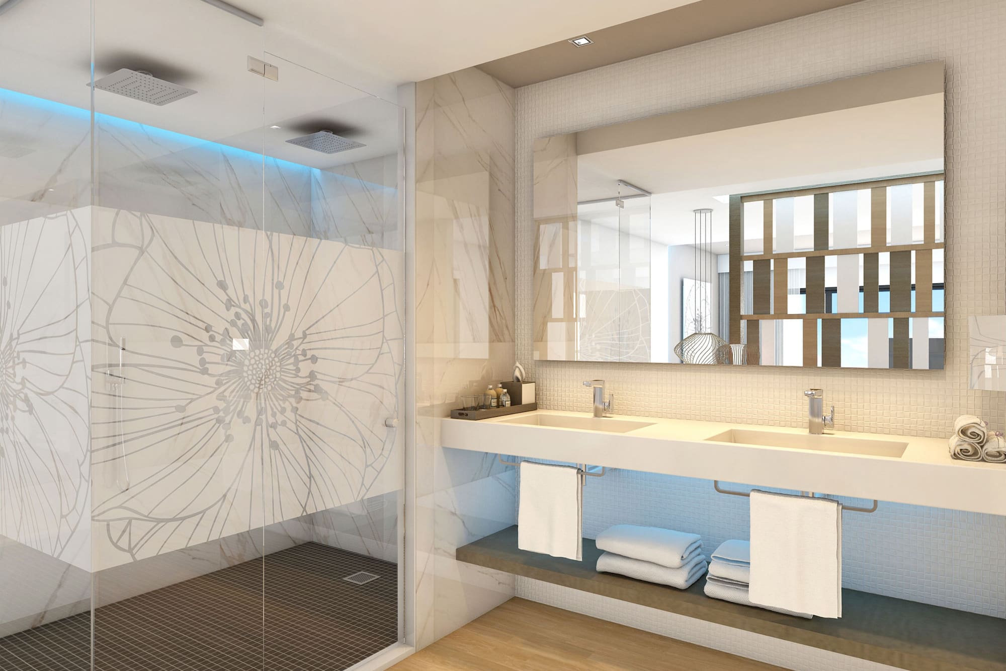 a bathroom with a shower and sink