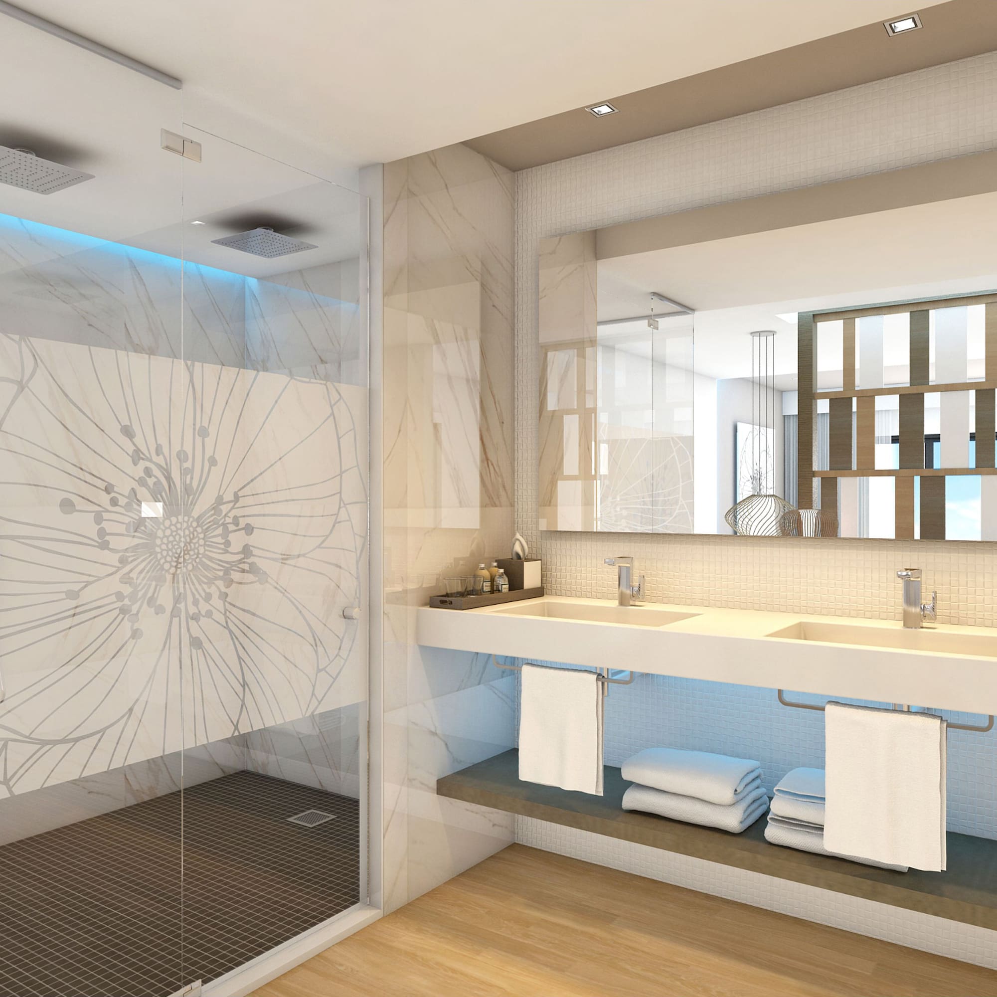 a bathroom with a shower and sink