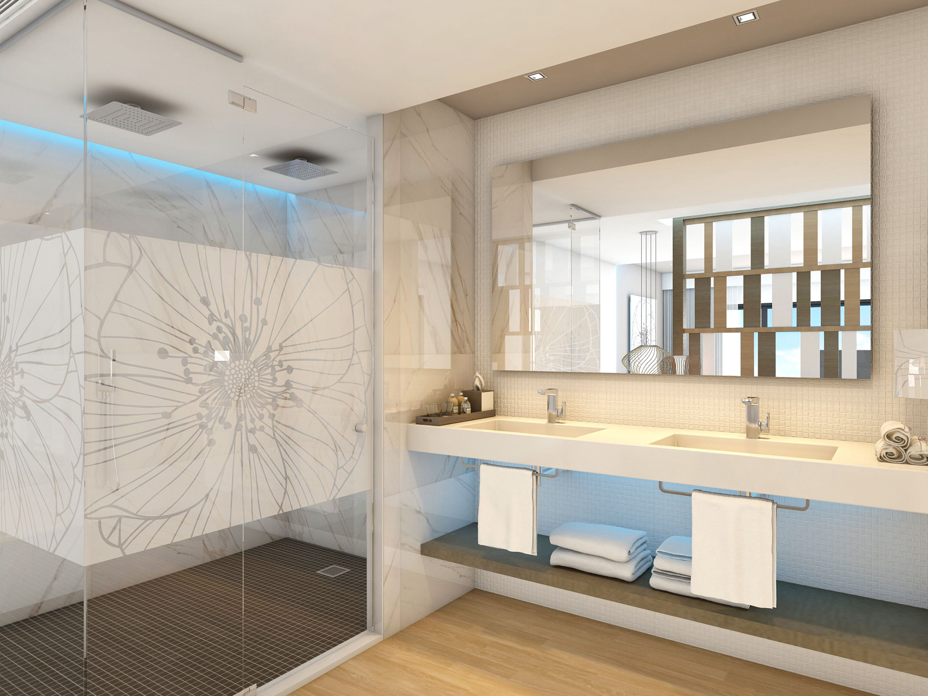 a bathroom with a shower and sink