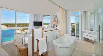 a bathroom with a tub and a television