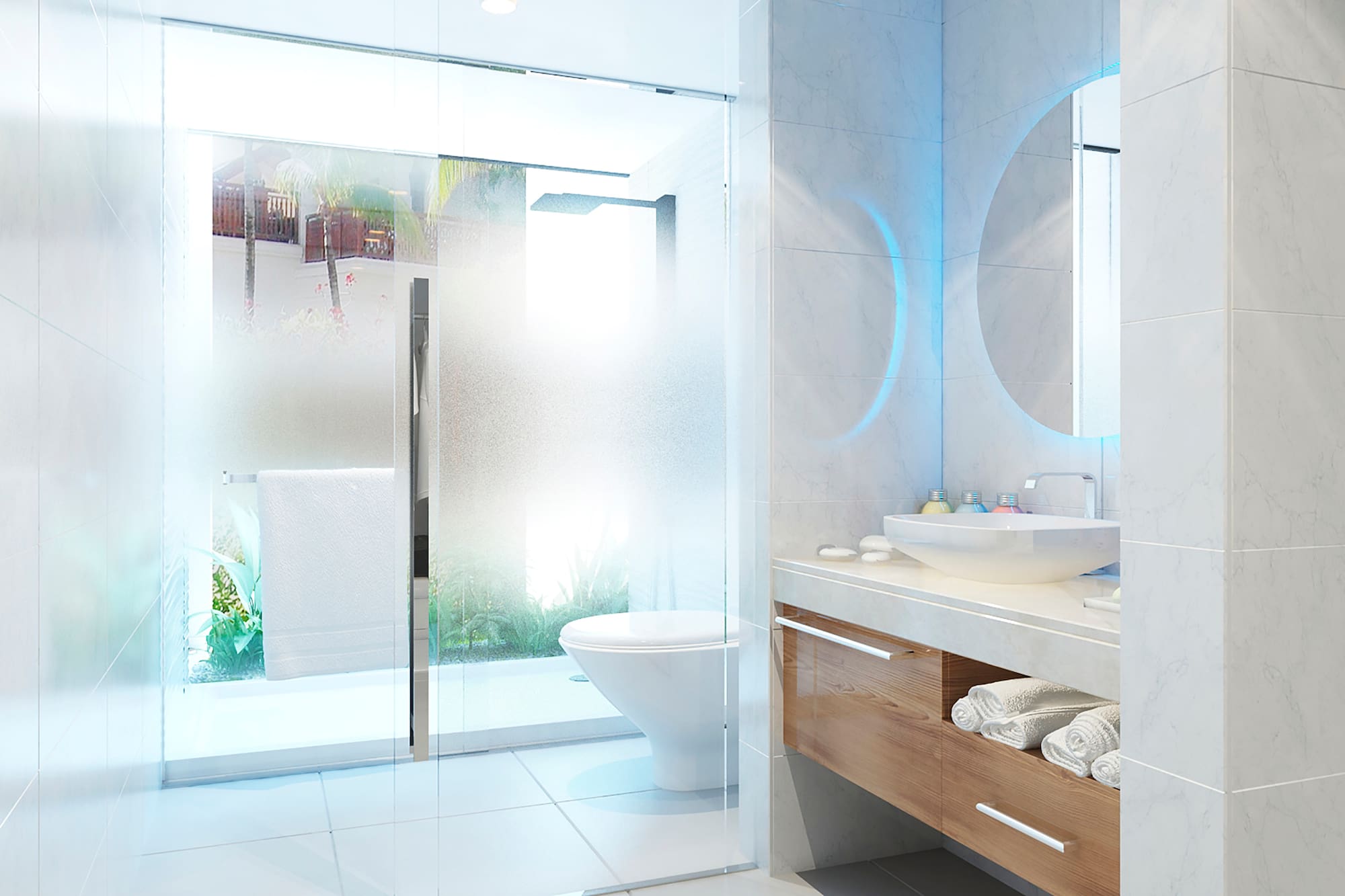 a bathroom with a glass shower door