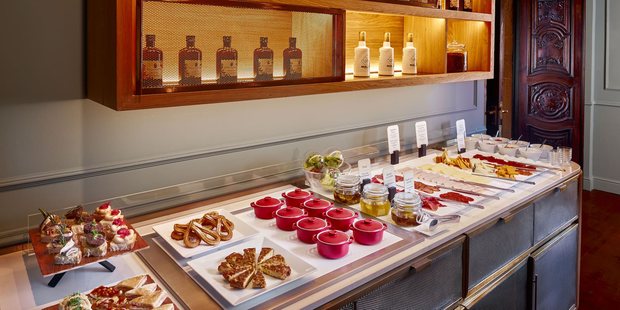 a buffet table with food on it