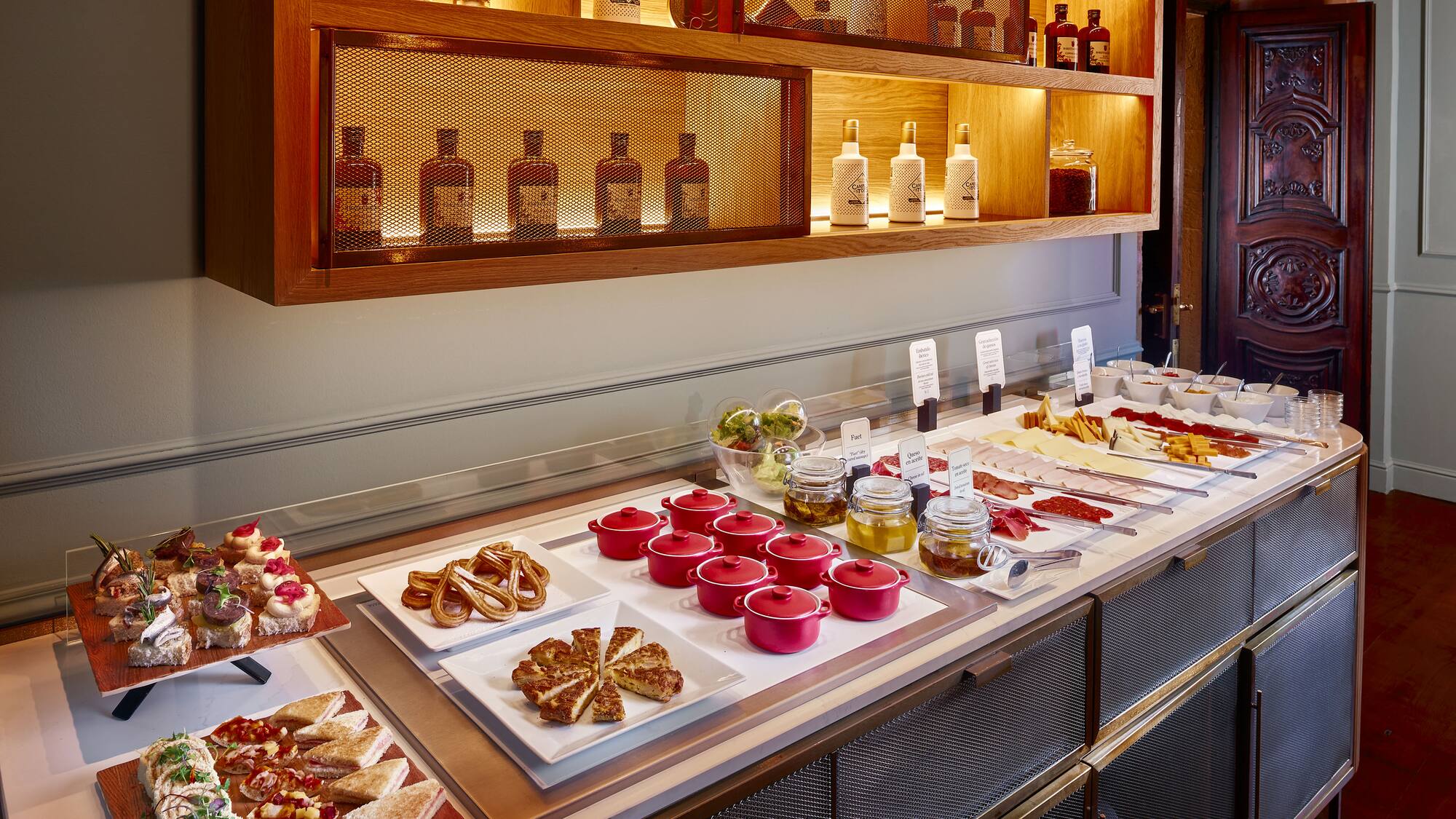 a buffet table with food on it