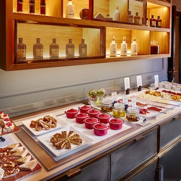 a buffet table with food on it