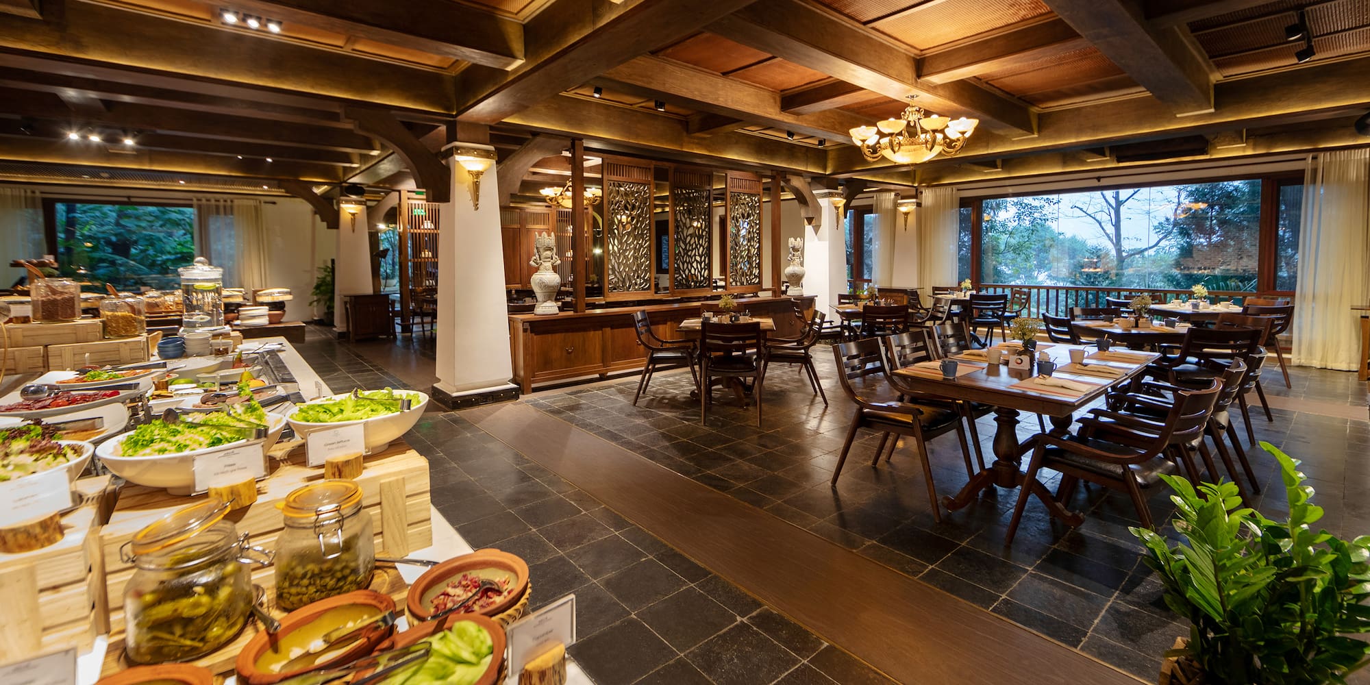 a large room with tables and chairs