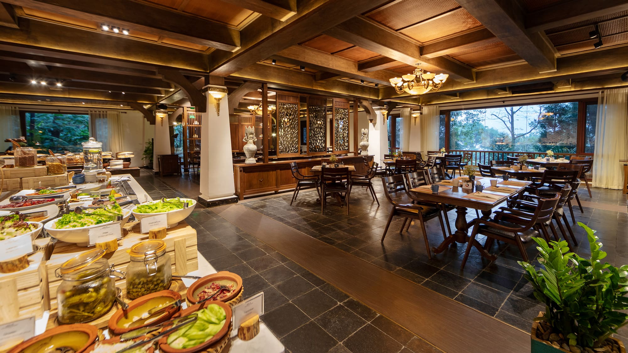 a large room with tables and chairs