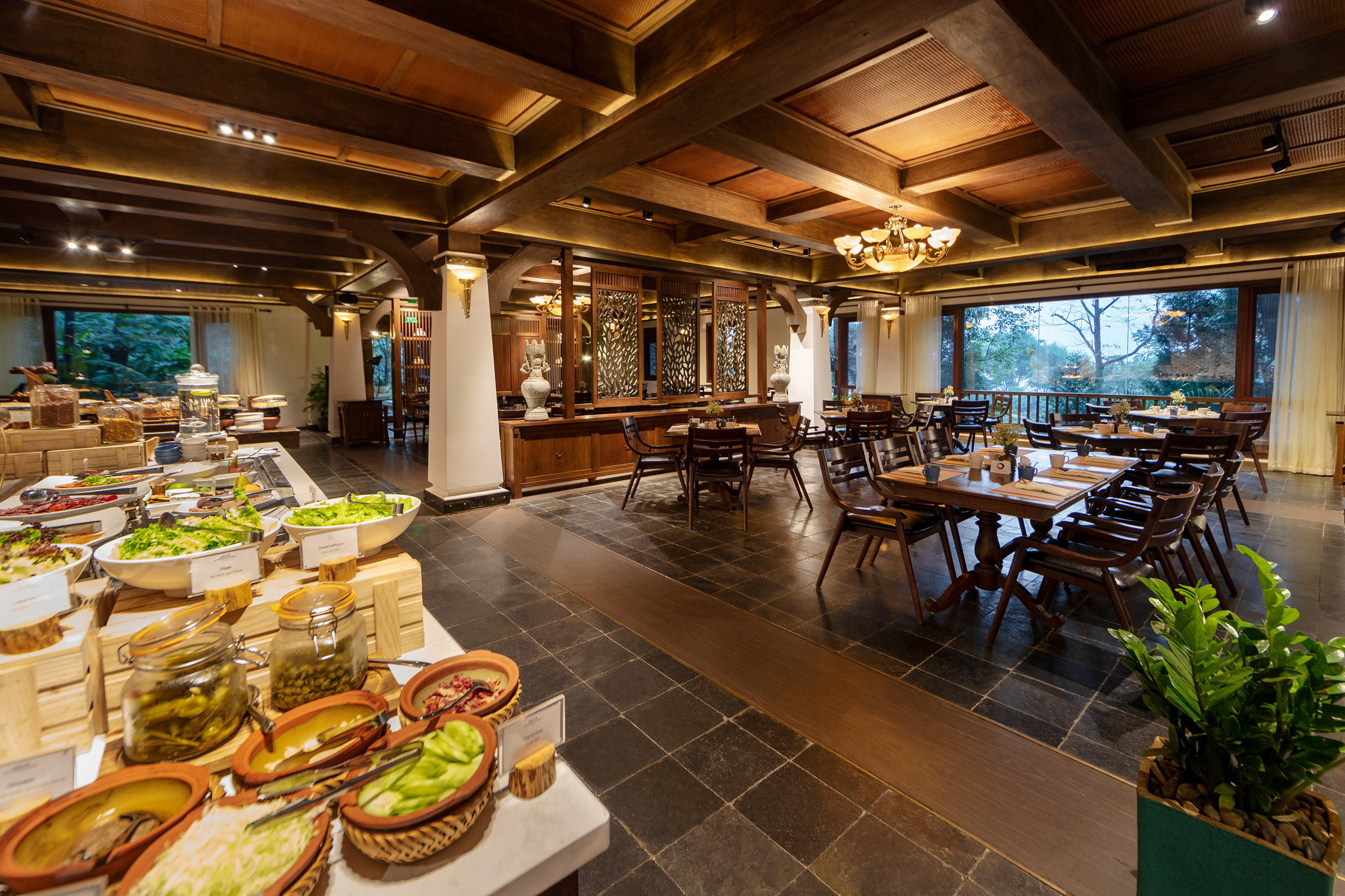 a large room with tables and chairs