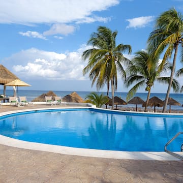 a pool with palm trees and straw umbrellas