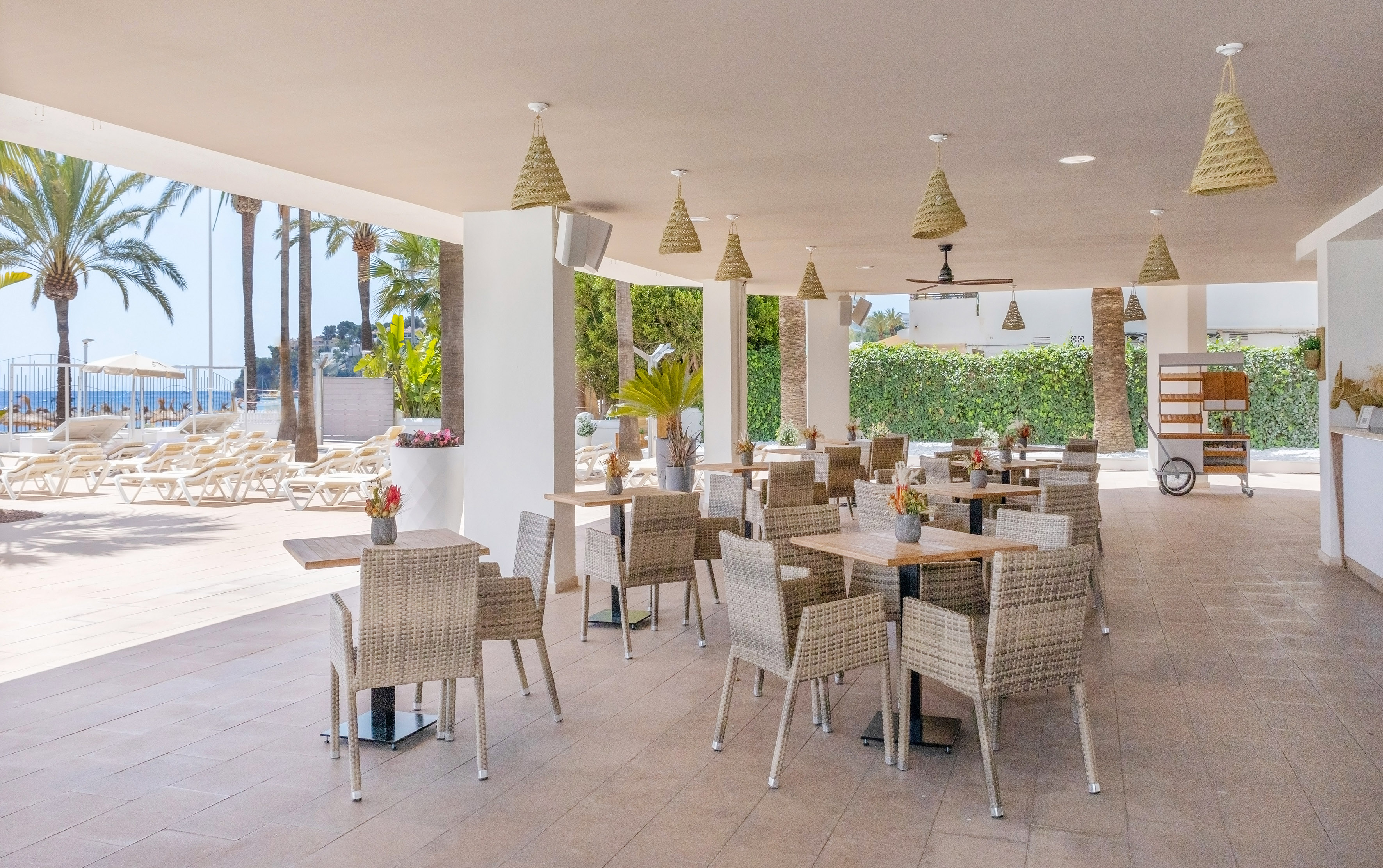 Outdoor resort dining terrace with wicker furniture, palm trees, and beach view.