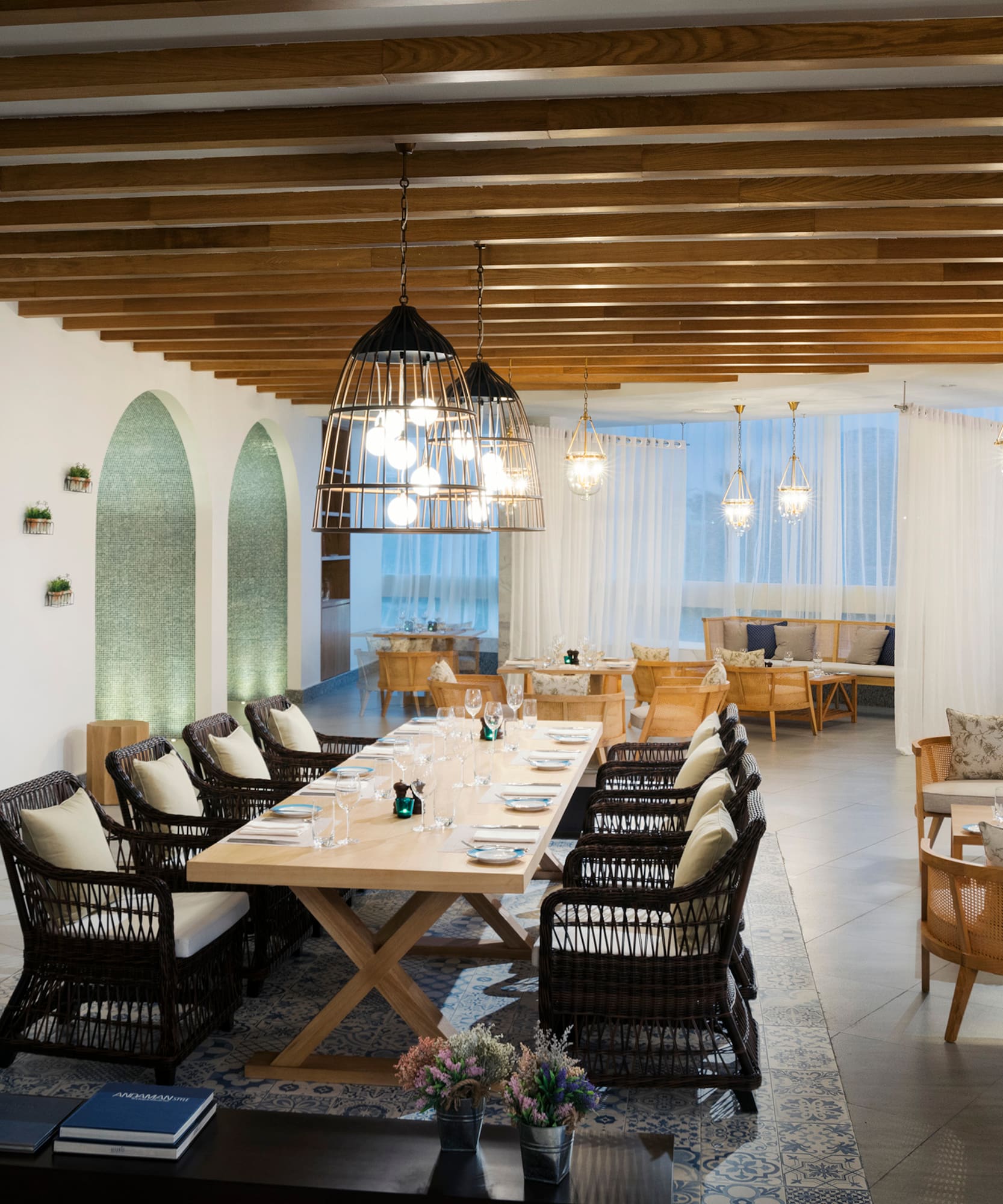 a room with a table and chairs