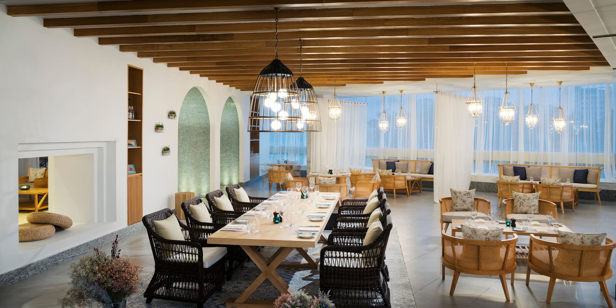 a room with a table and chairs