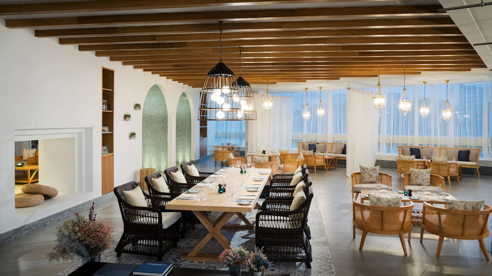 a room with a table and chairs