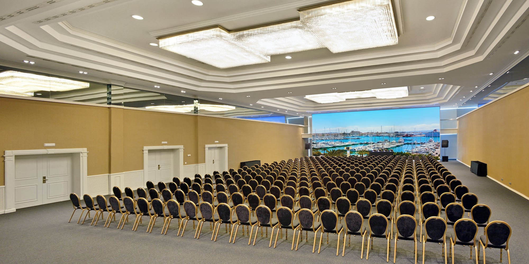 a large room with rows of chairs