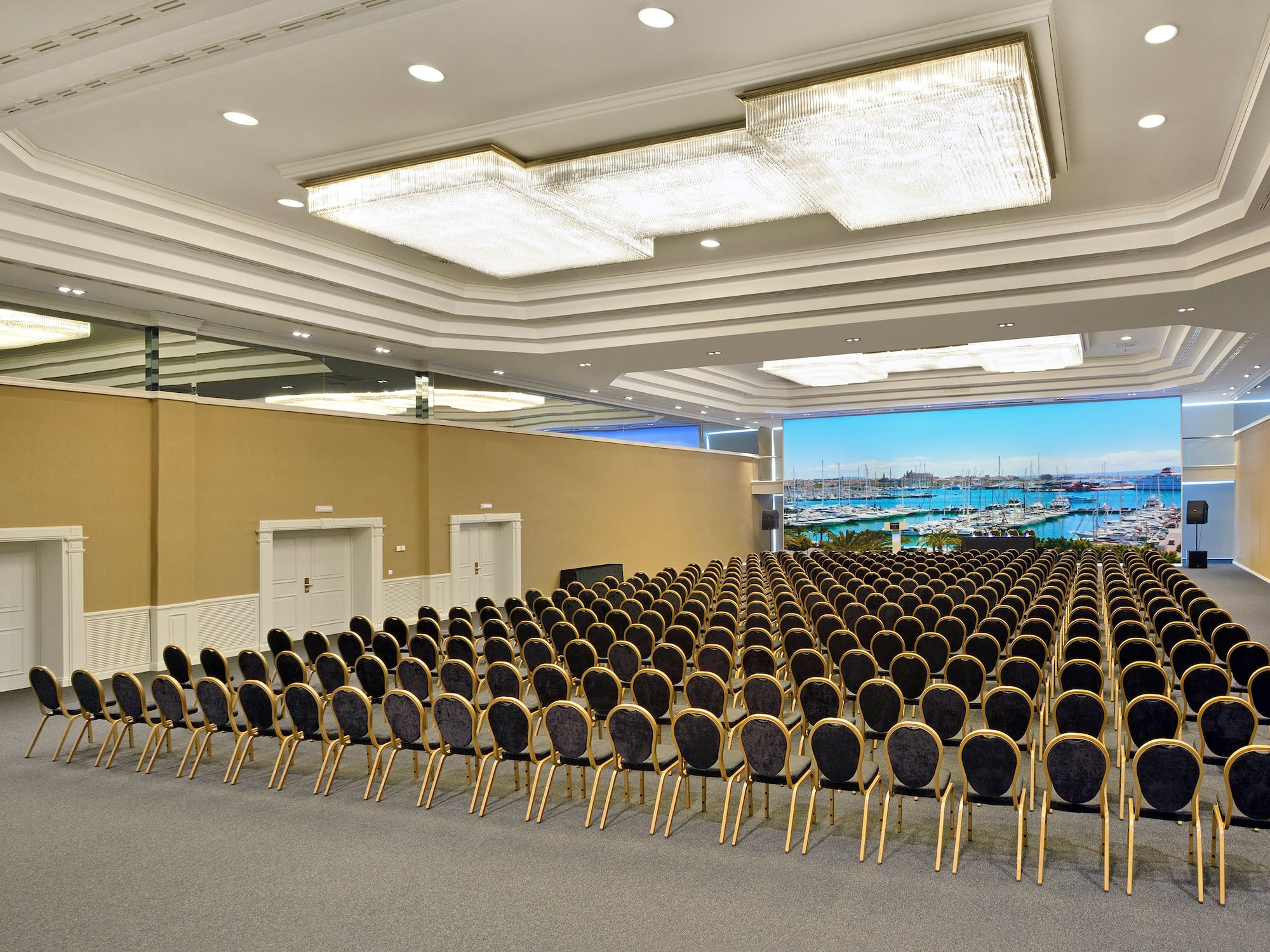 a large room with rows of chairs