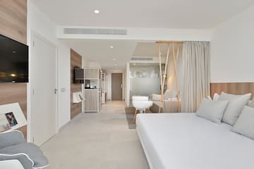 a room with a bed and a television