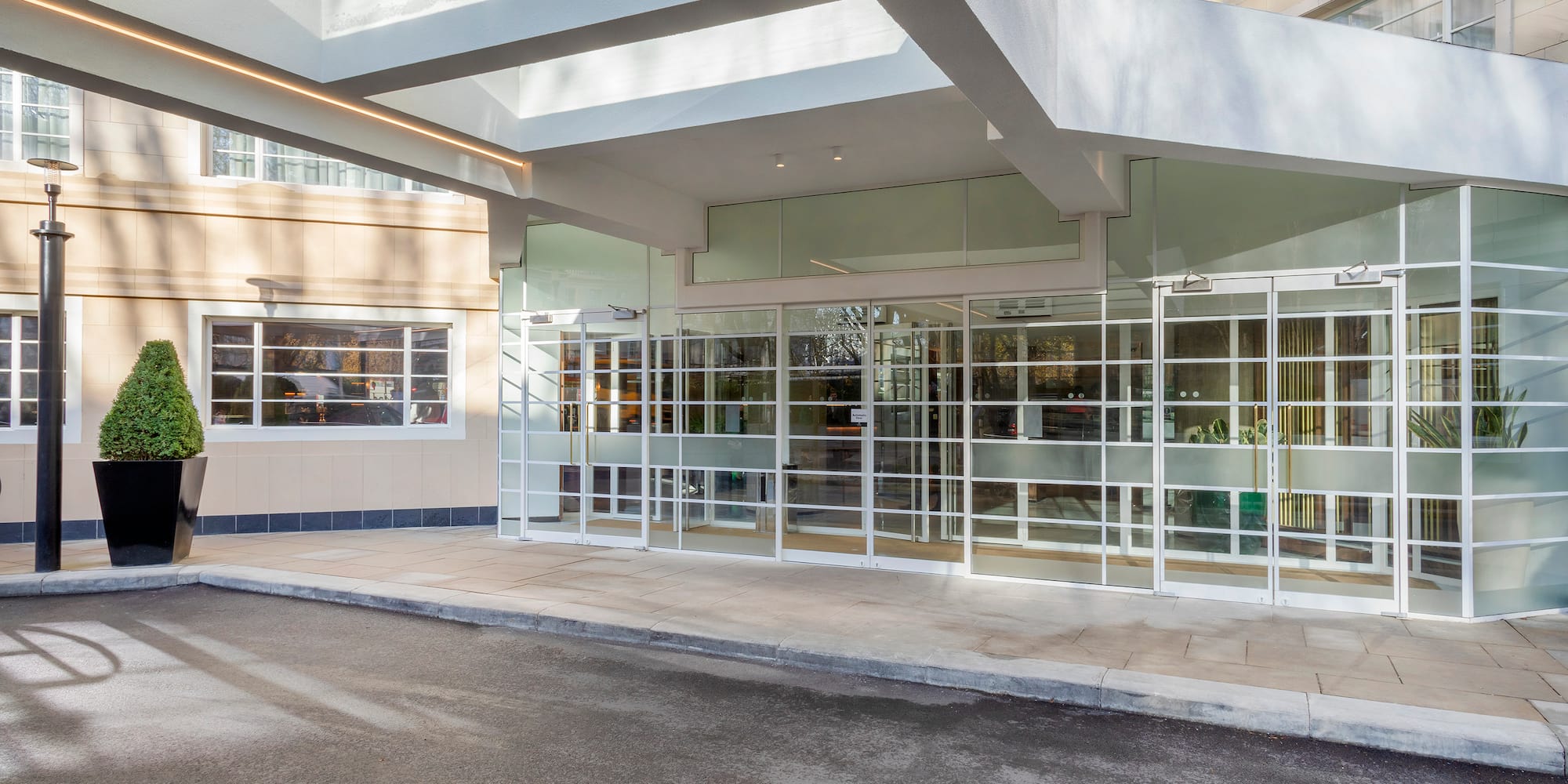 a building with glass doors