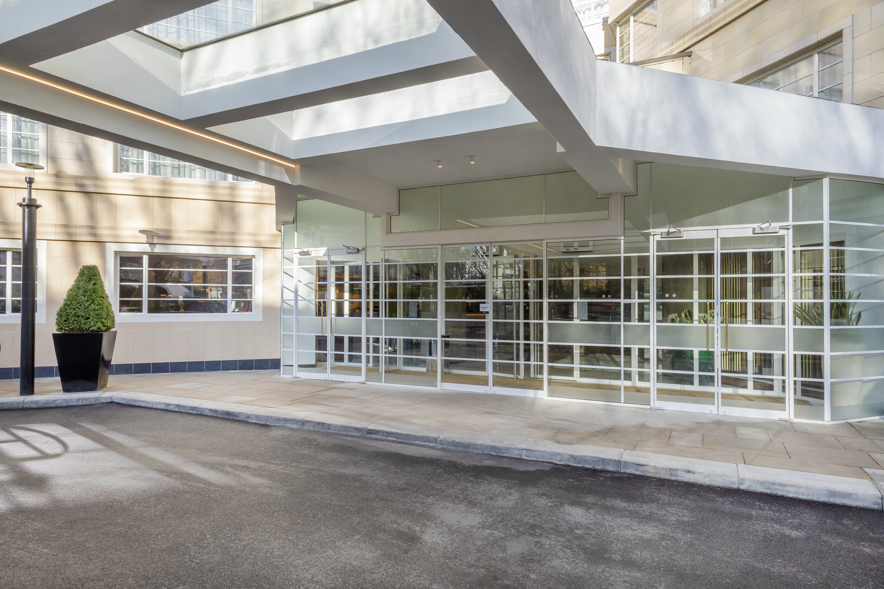 a building with glass doors