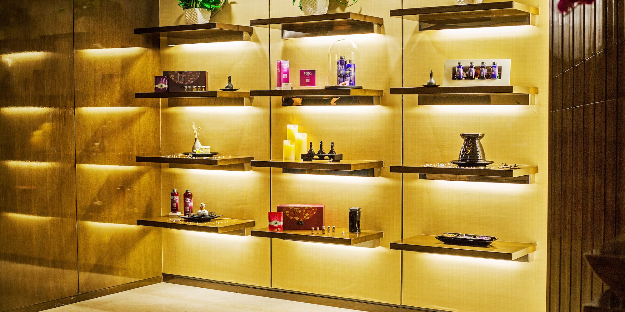 a shelf with lights on it