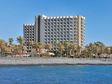 a building with many windows and palm trees by the water