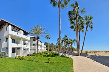 a walkway leading to a building with palm trees