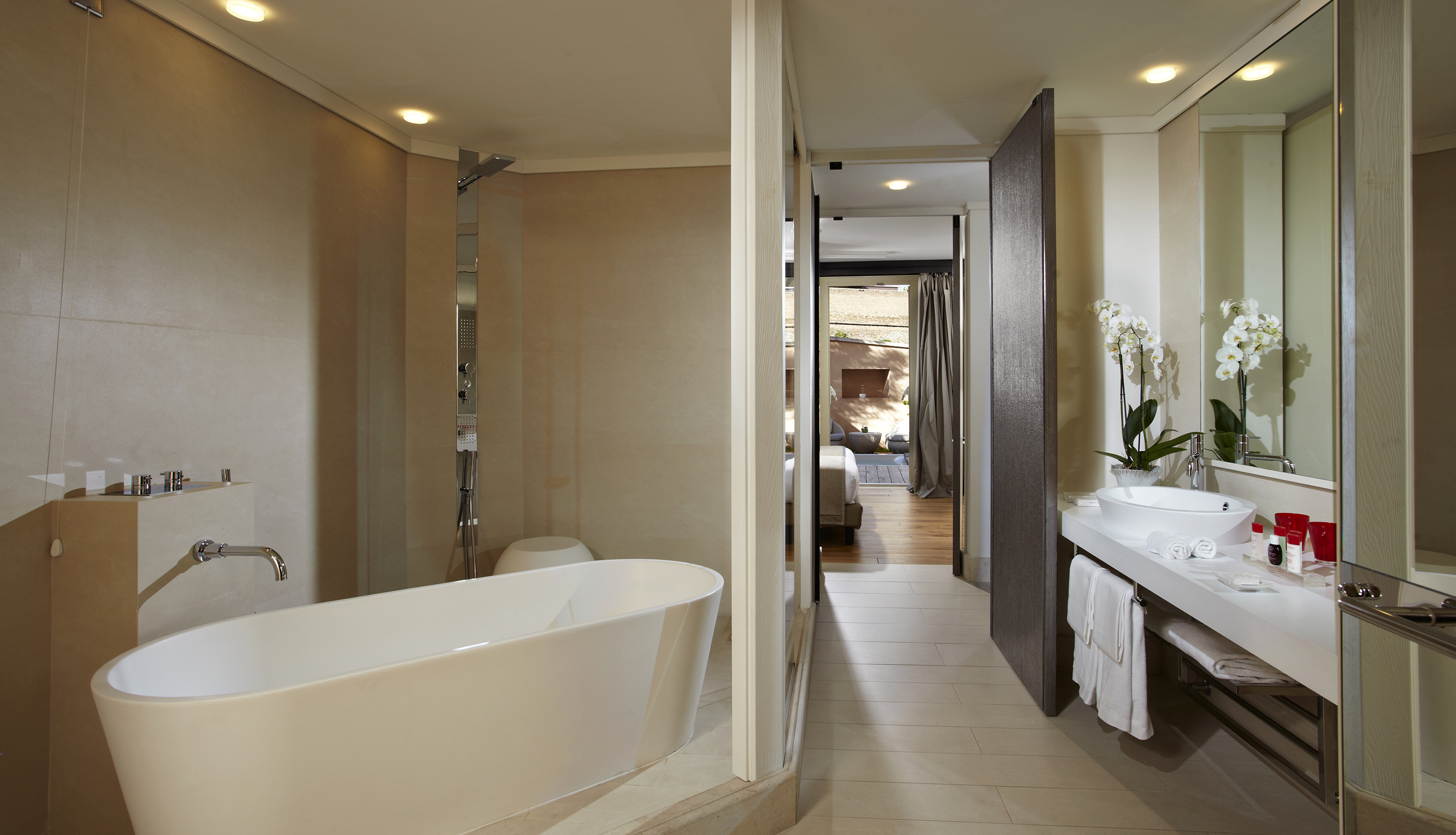 Hotel bathroom with freestanding tub, walk-in shower, vanity, and bedroom view.