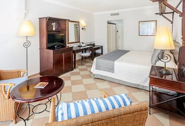 a room with a bed and a television