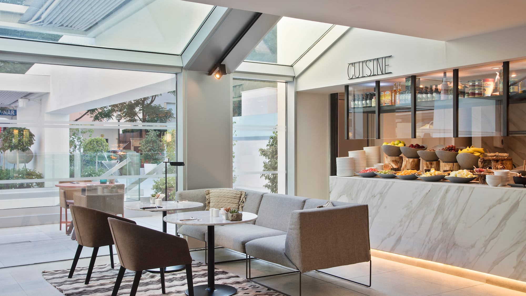 a room with a table and chairs