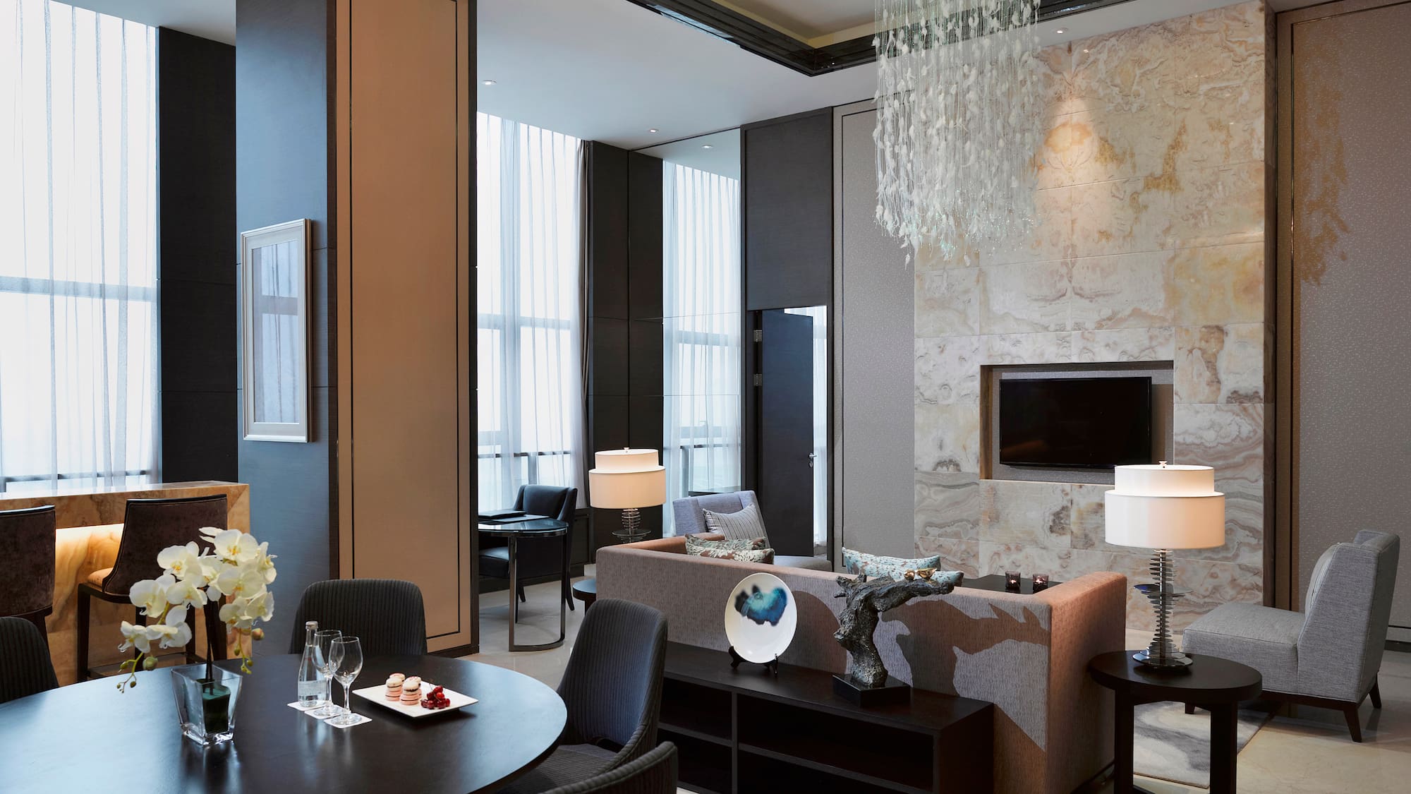 a room with a couch and a table