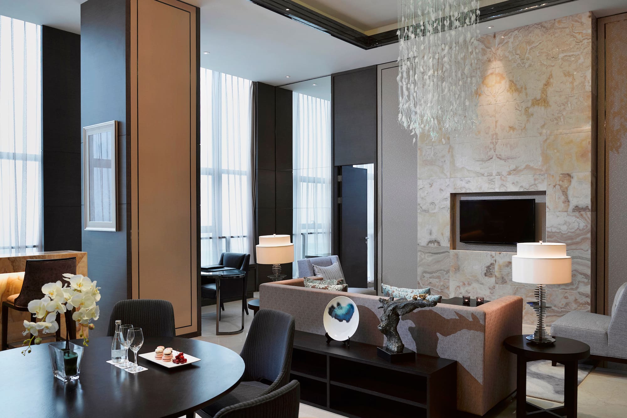 a room with a couch and a table