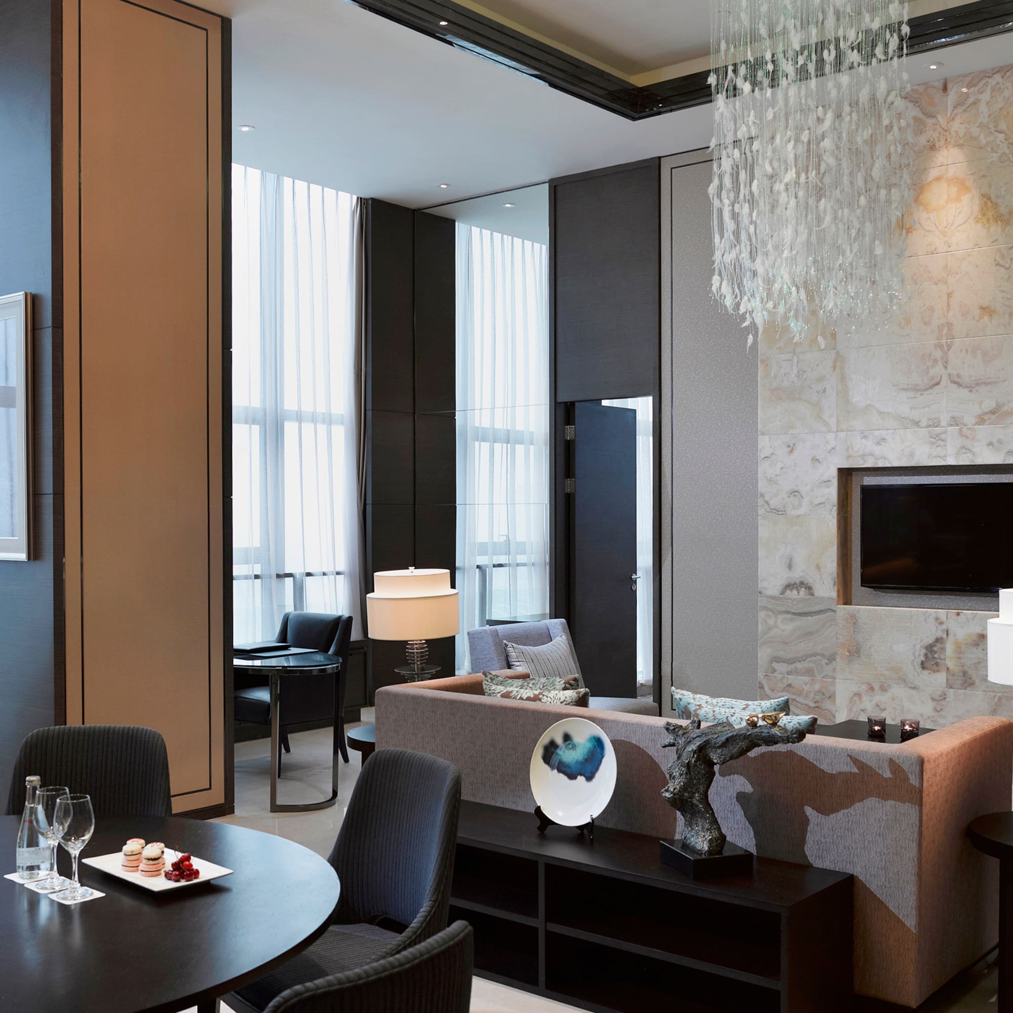 a room with a couch and a table