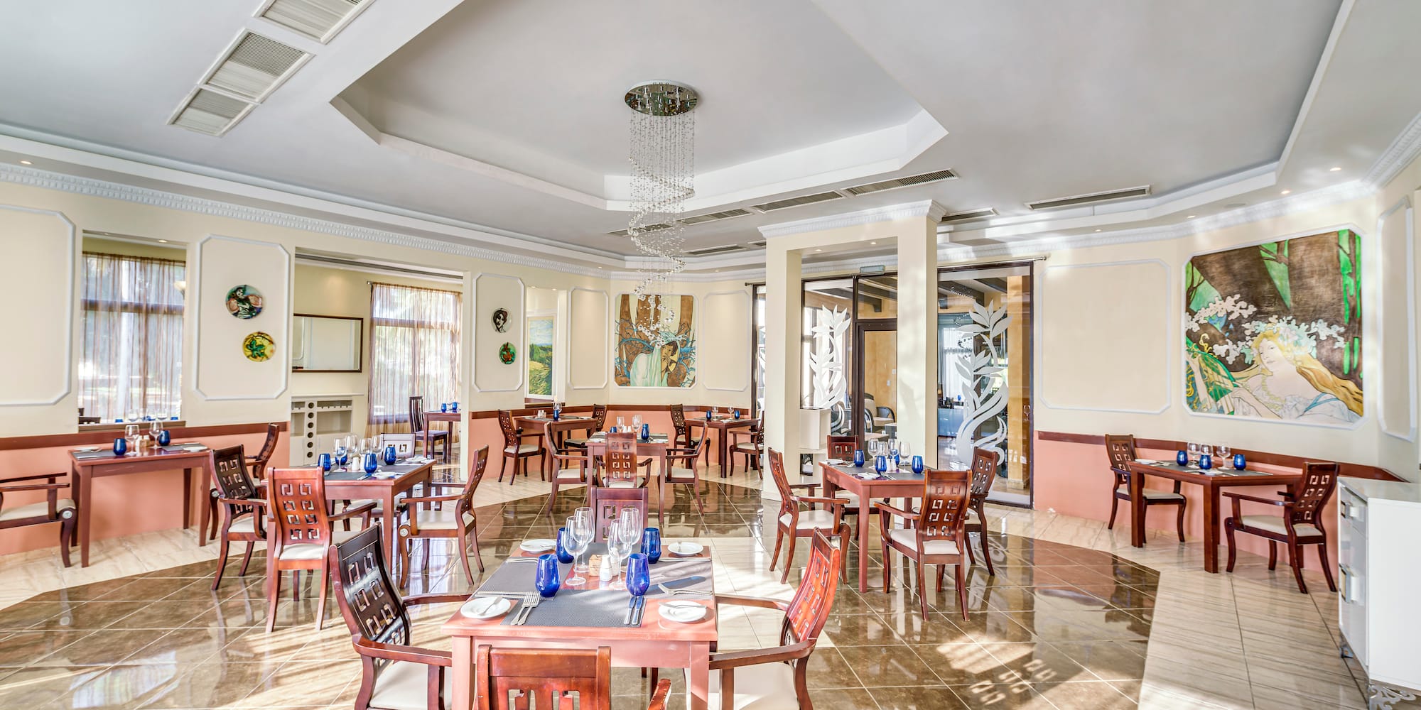 a room with tables and chairs