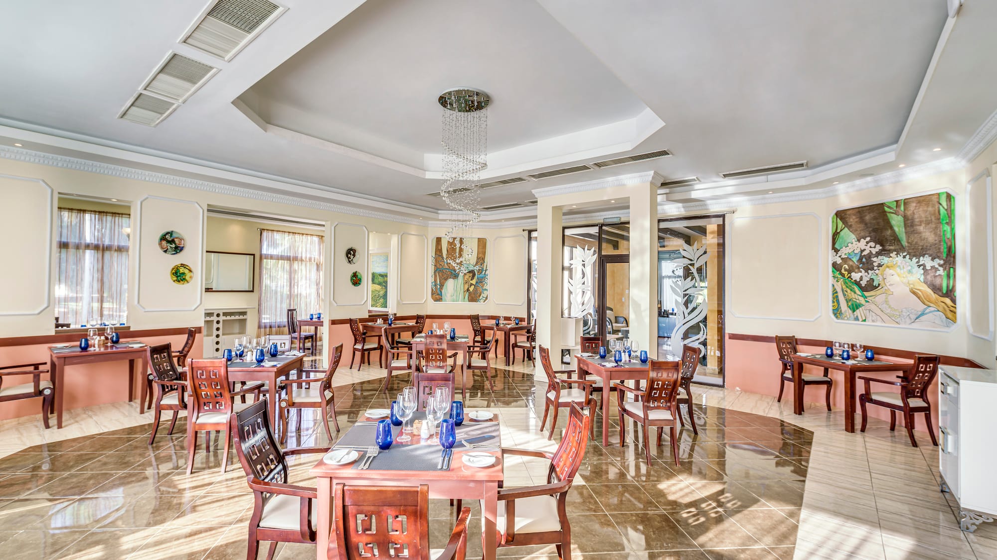 a room with tables and chairs