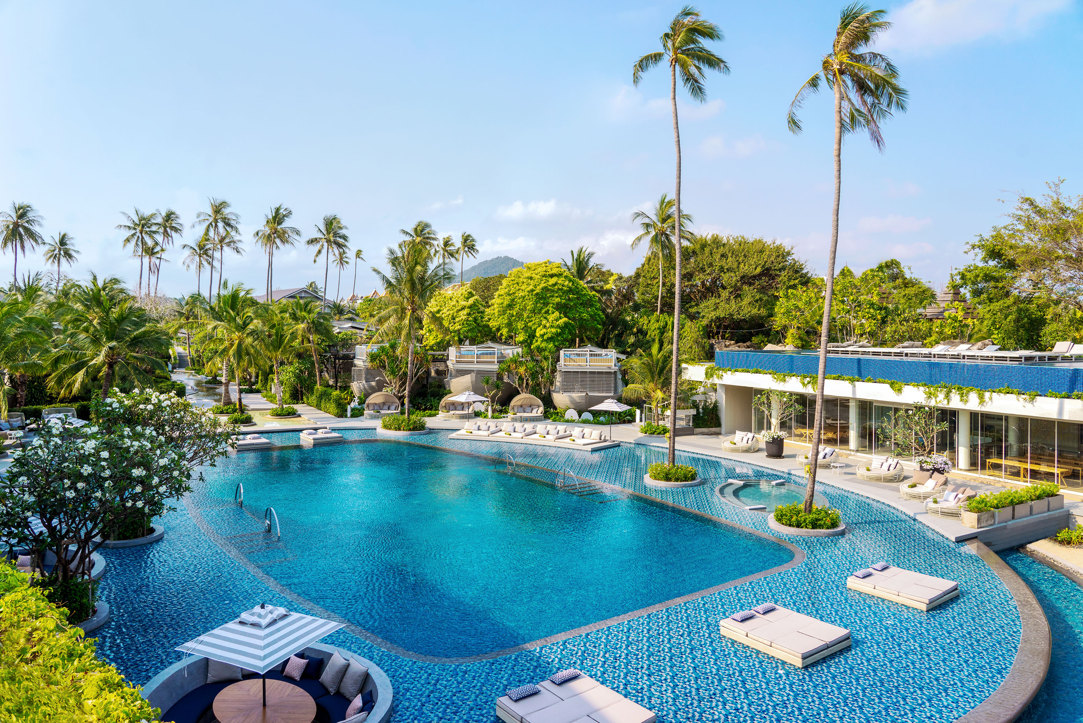 Tropical luxury resort pool with palm trees and sun loungers.