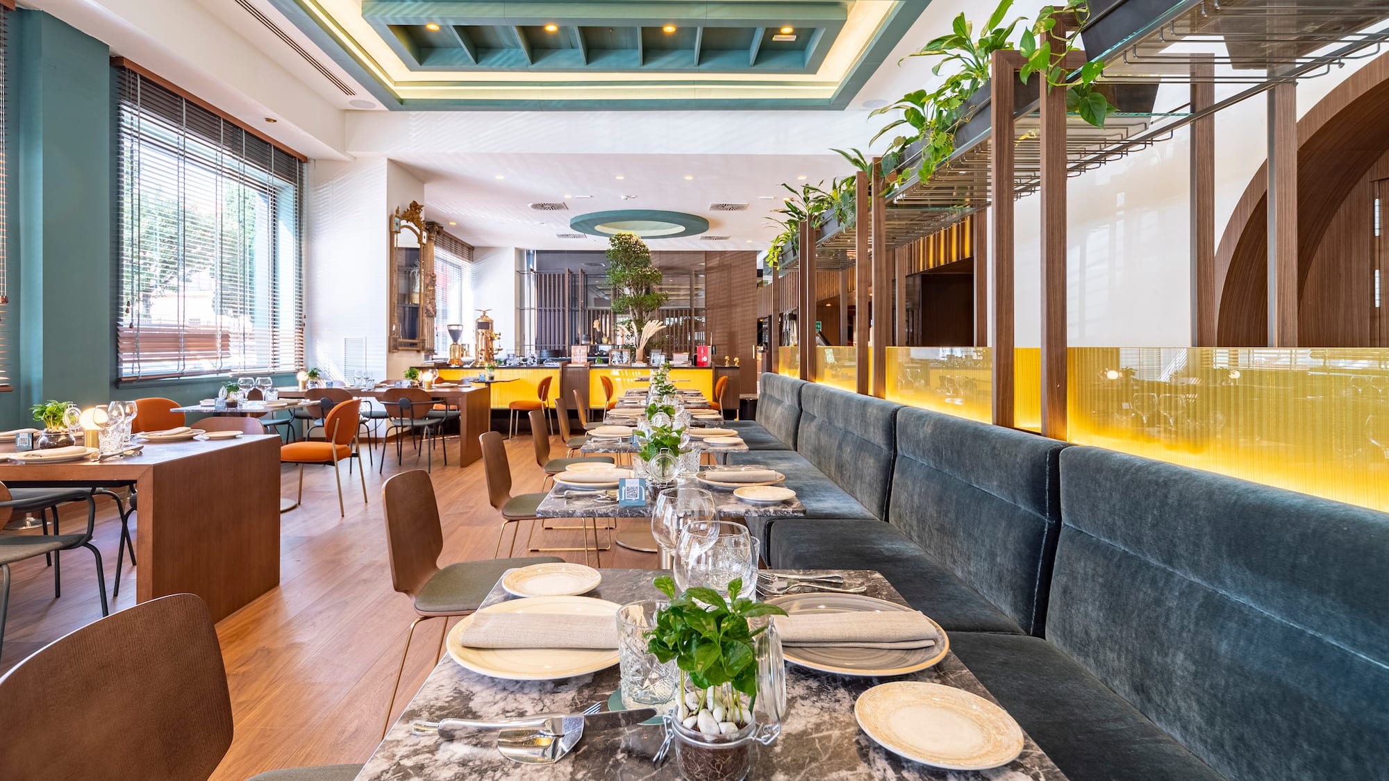 a restaurant with tables and chairs