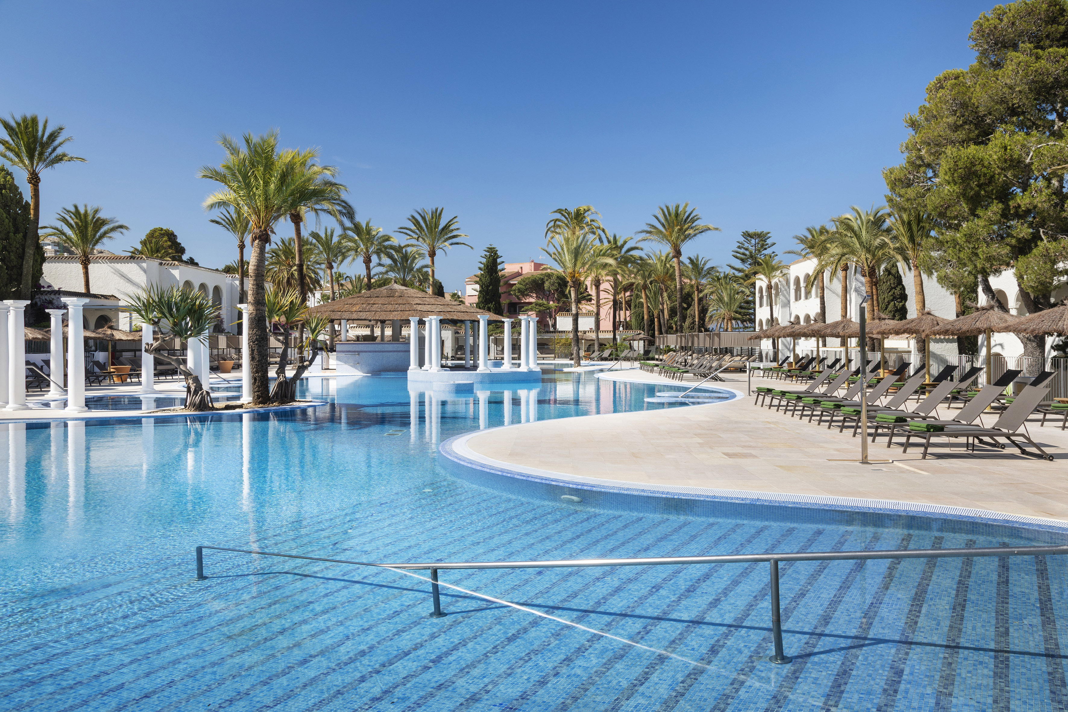 a pool with palm trees and a building