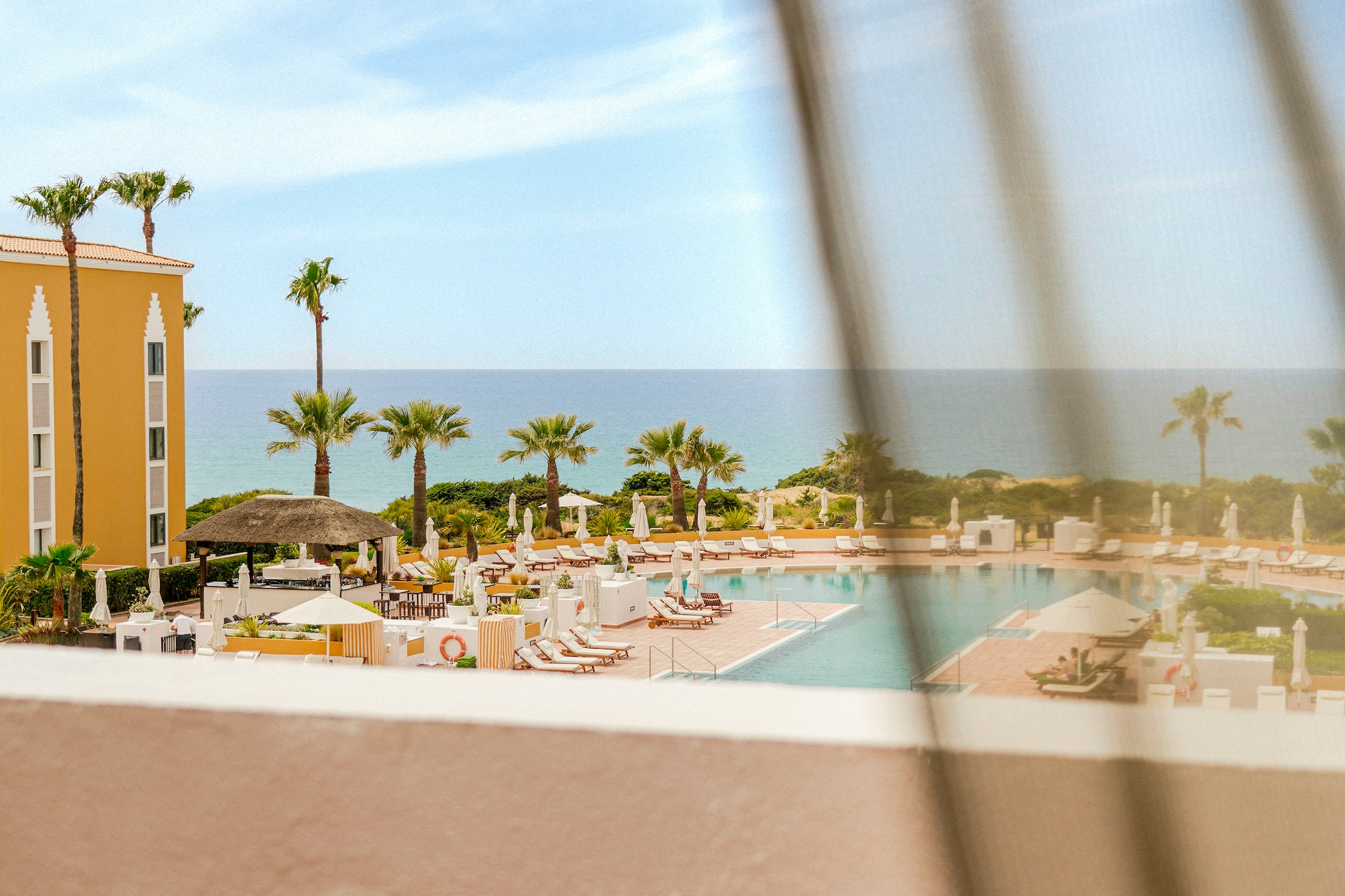 a pool with umbrellas and chairs and palm trees