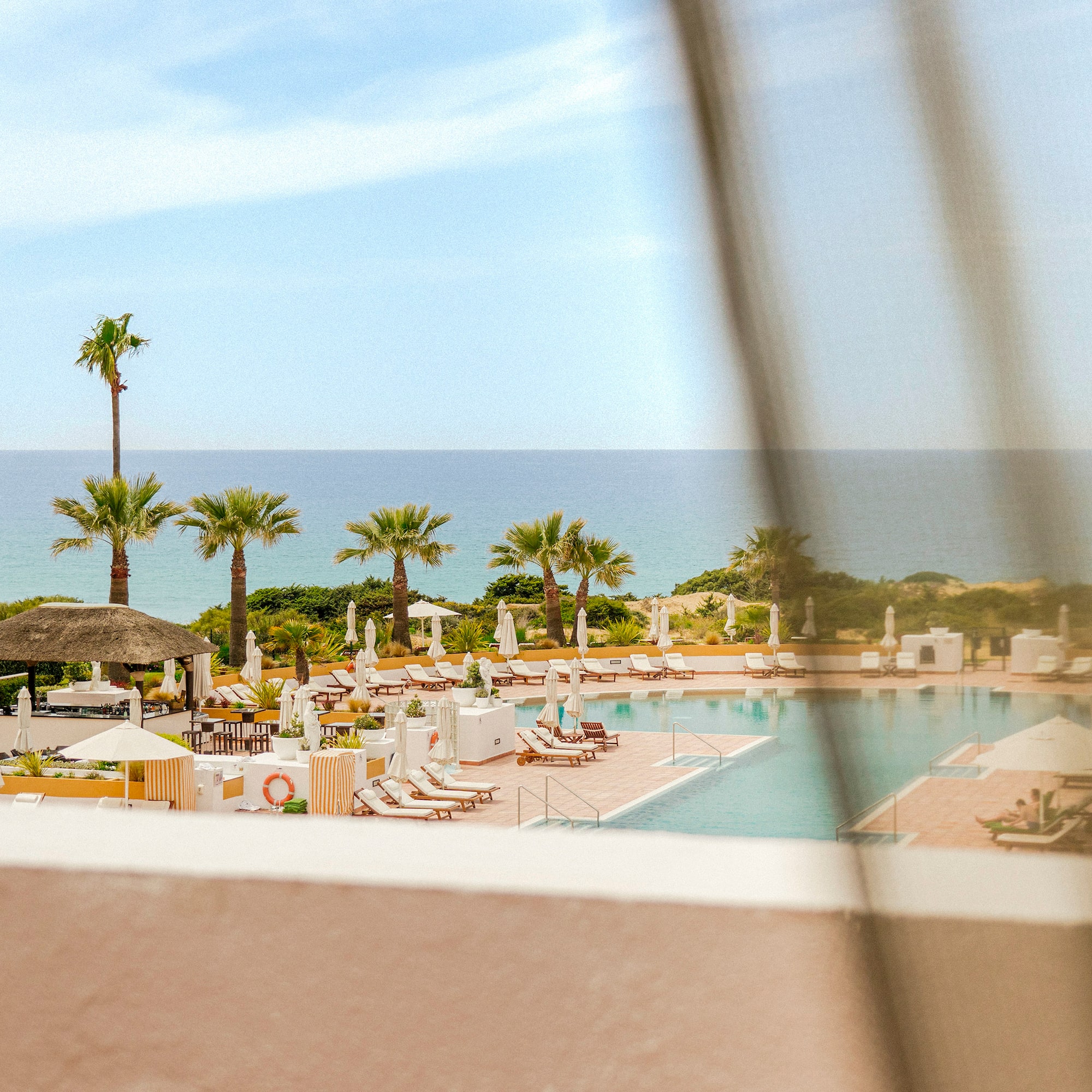 a pool with umbrellas and chairs and palm trees