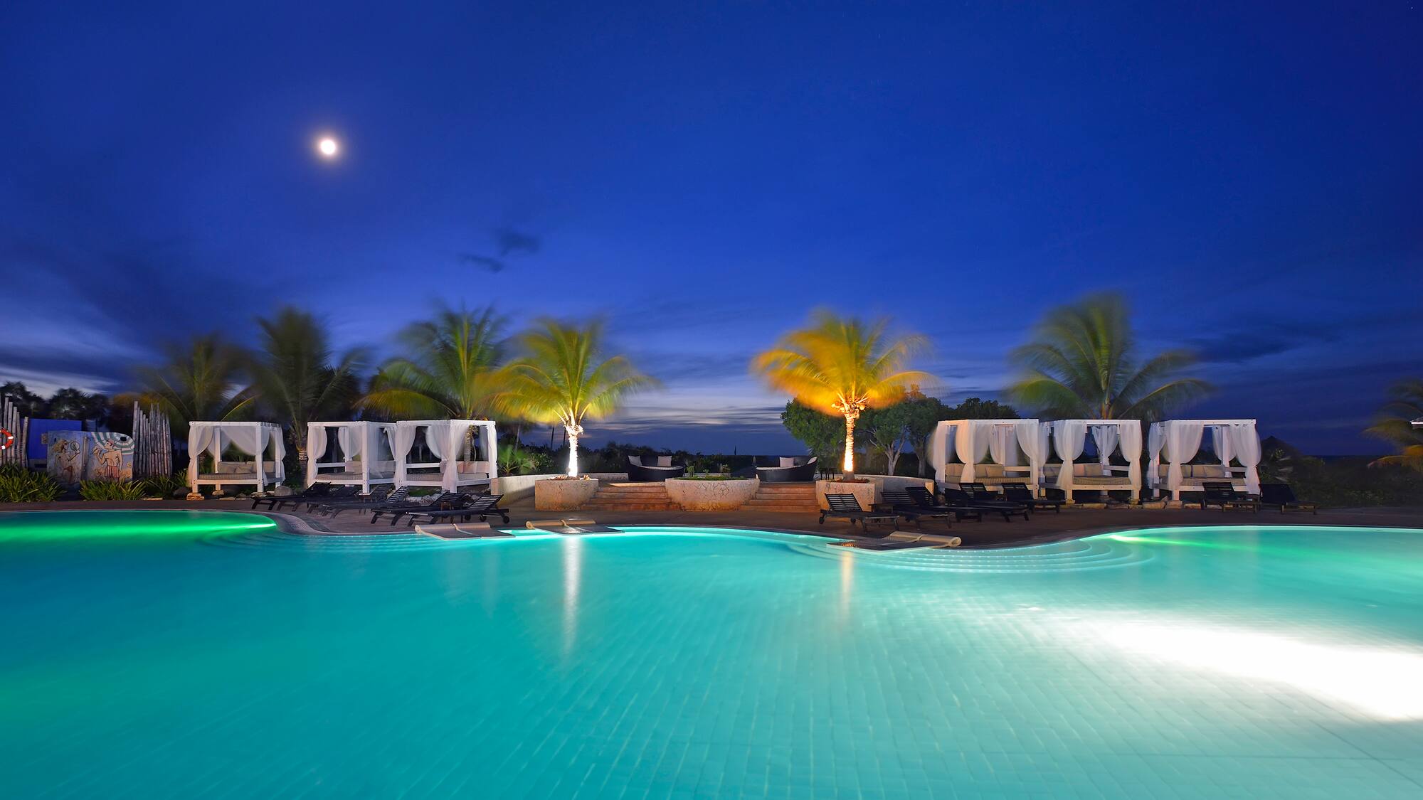 a pool with palm trees and a deck chair