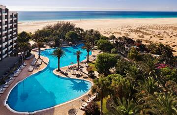a swimming pool with palm trees and a beach