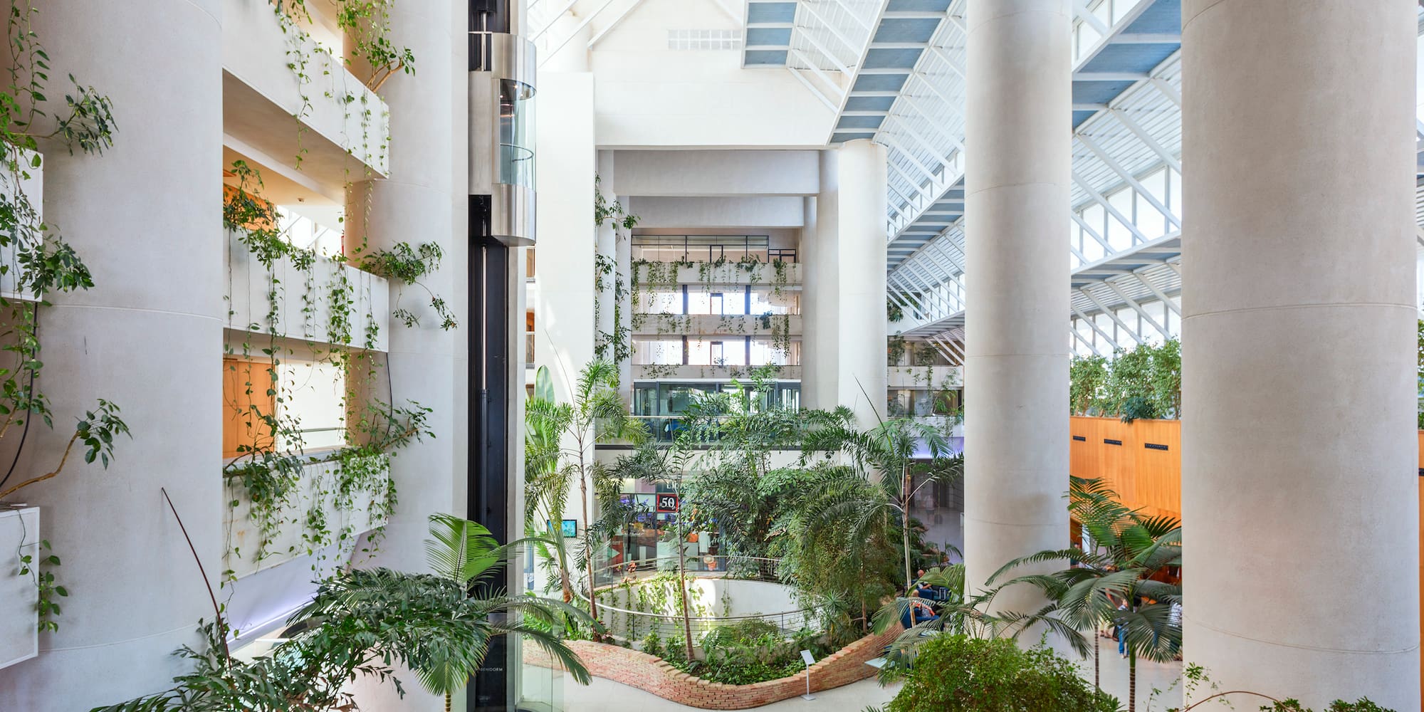 a large building with many trees and plants