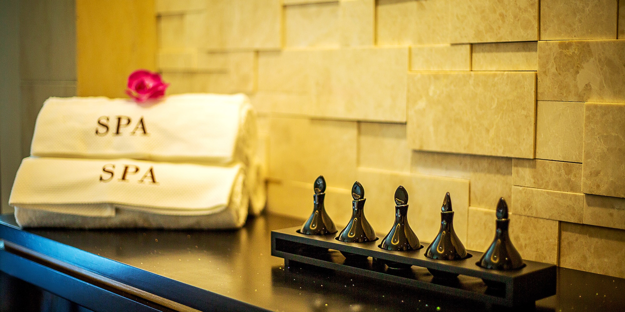 a group of black objects on a counter