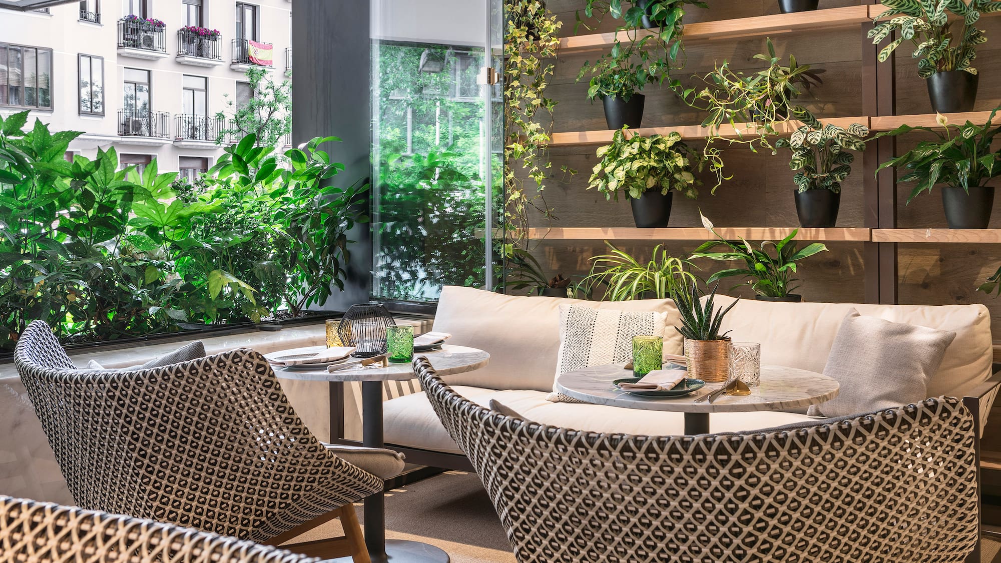 a room with a table and chairs and plants