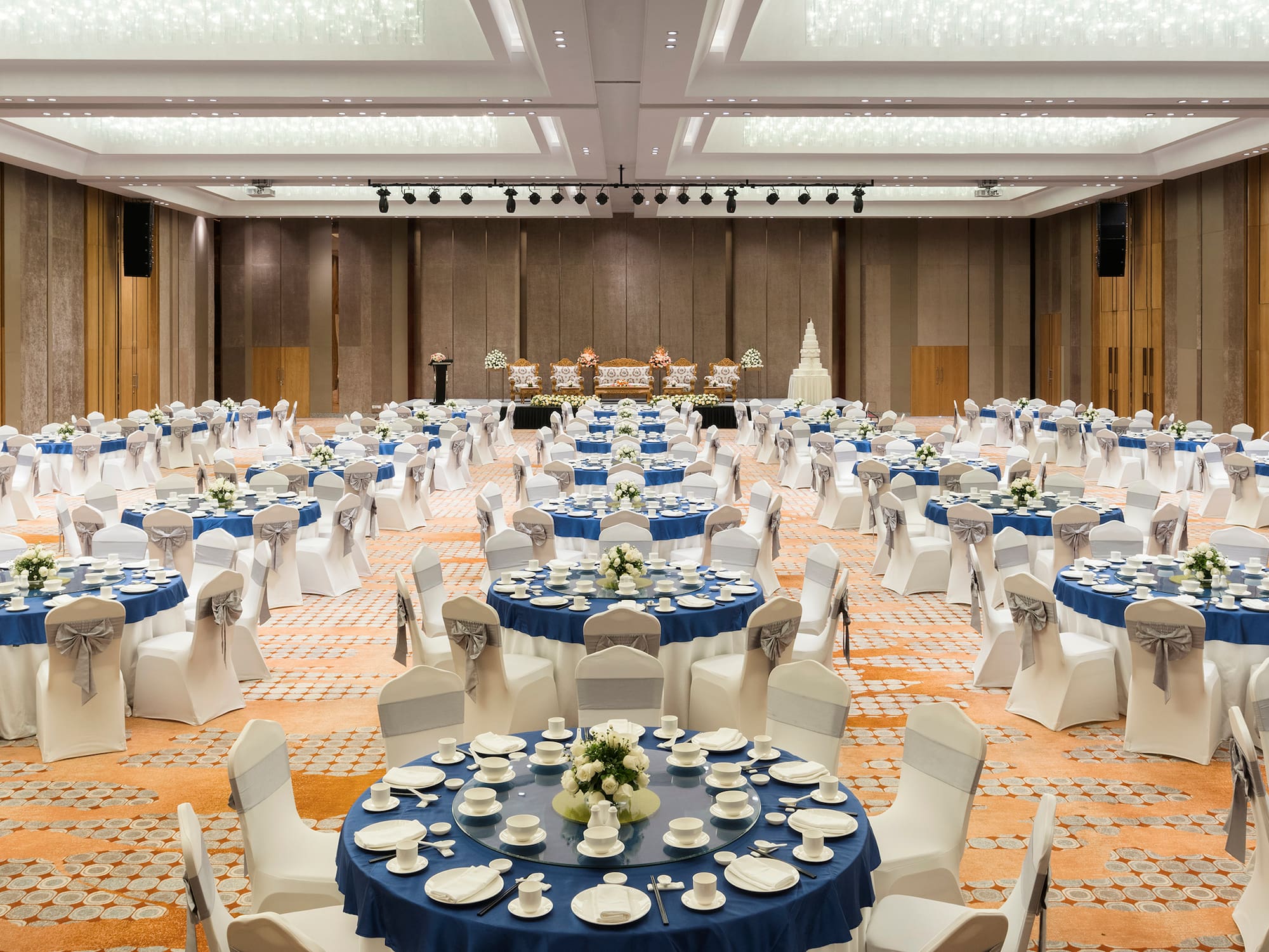 a large room with tables and chairs