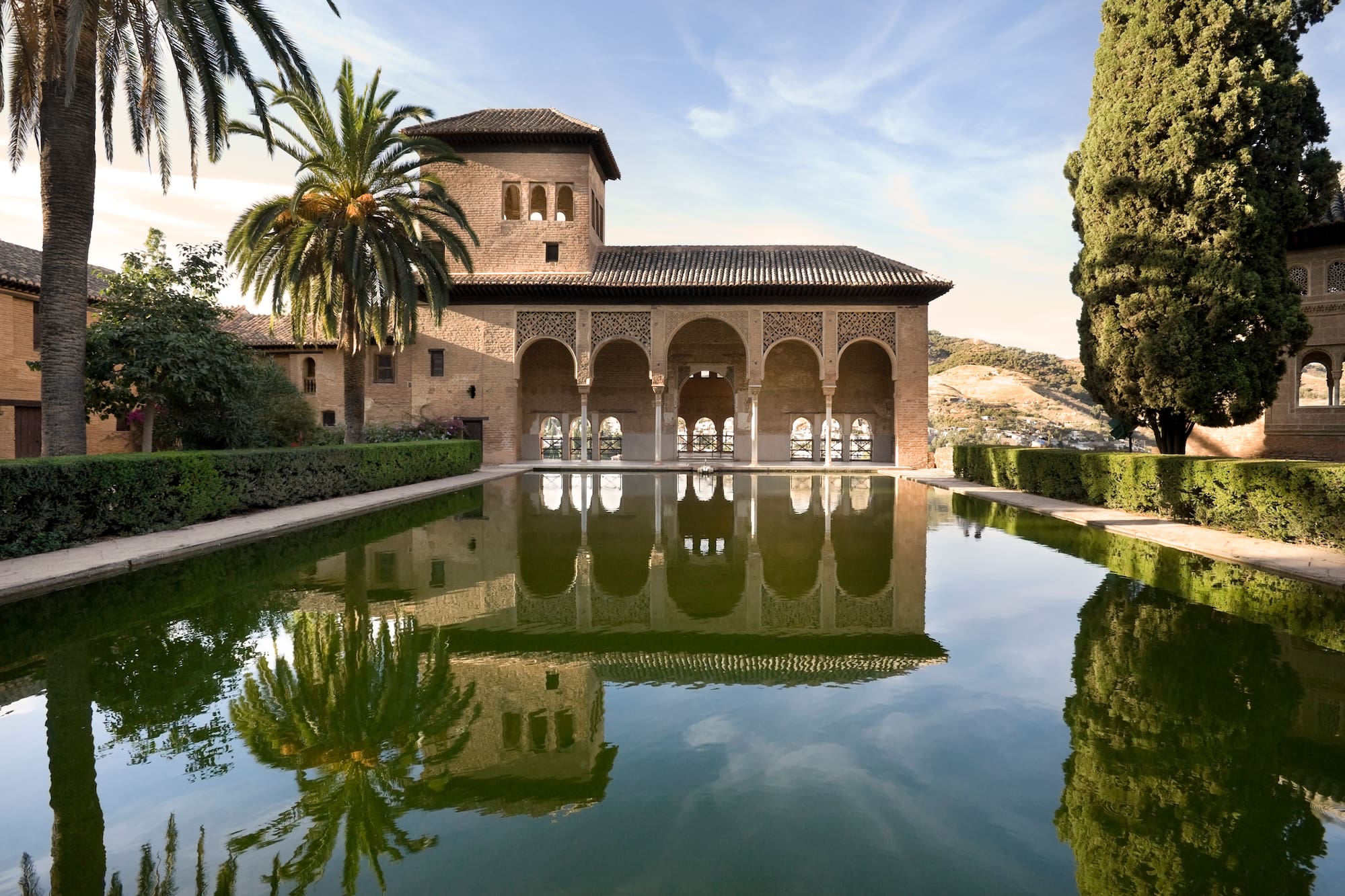 a building with a pool of water