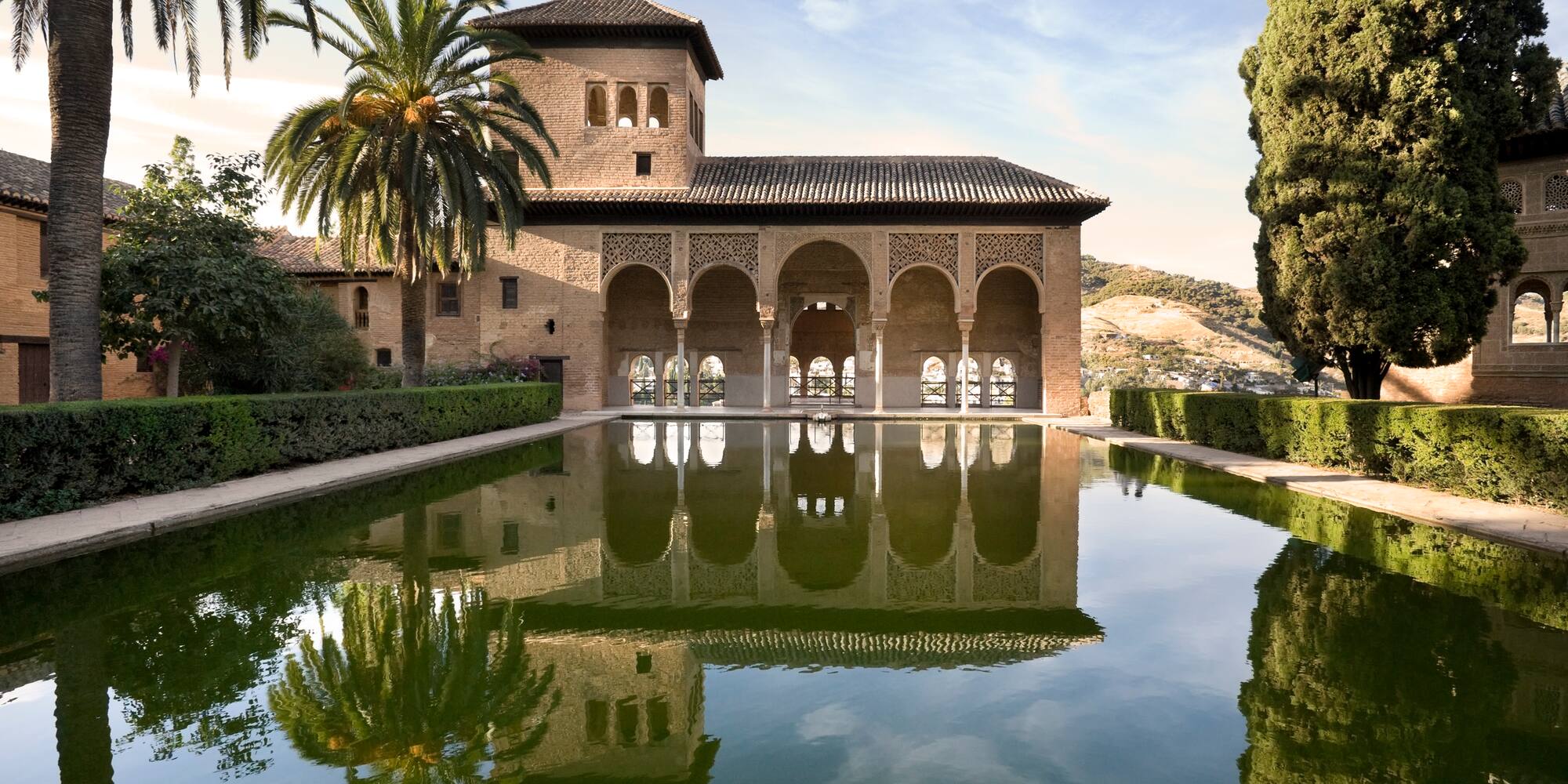 a building with a pool of water
