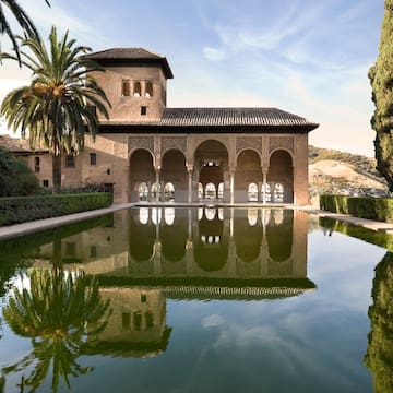a building with a pool of water