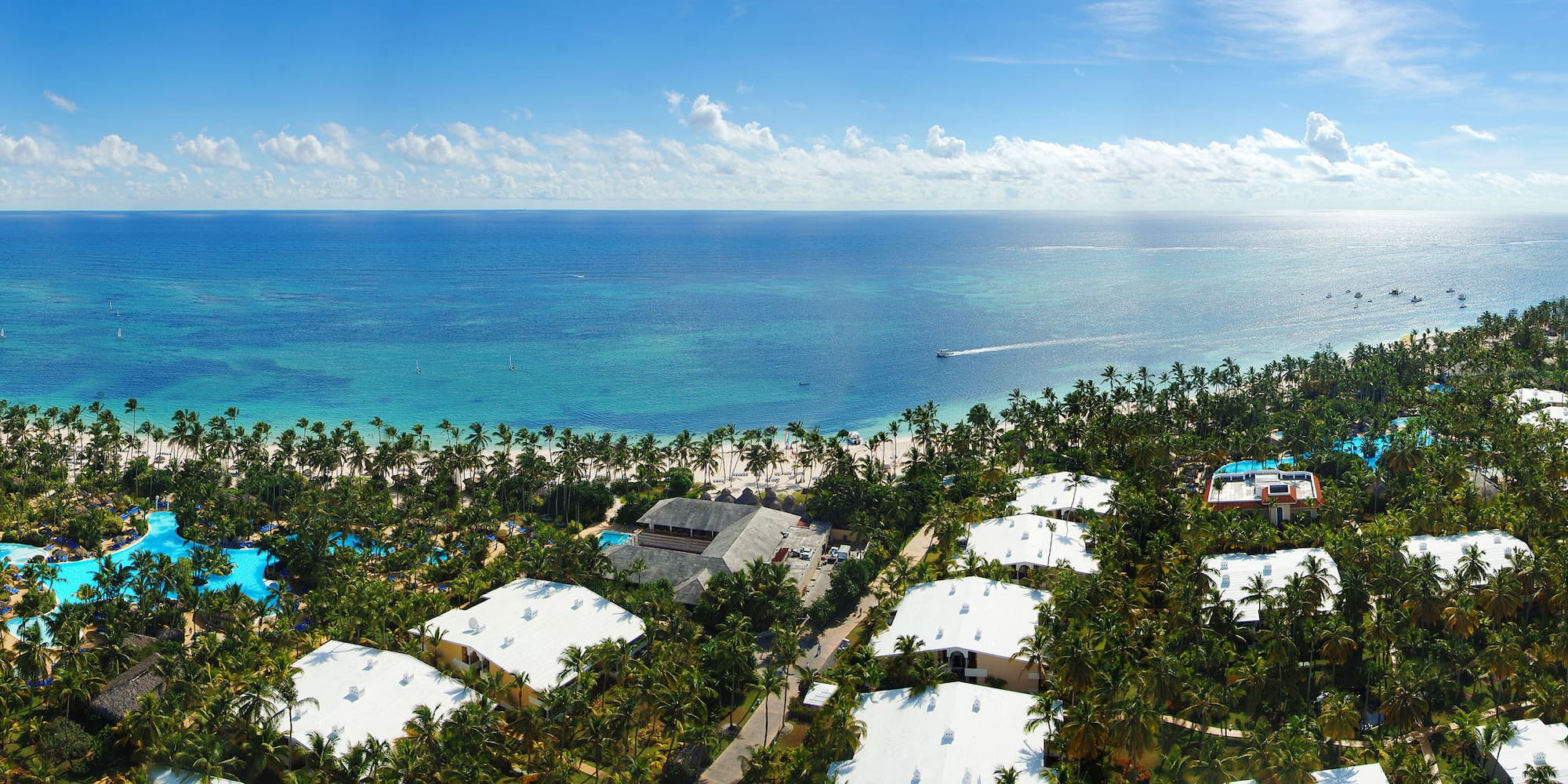 a group of houses with palm trees and a body of water